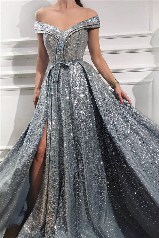 Beautiful Long A-line Off the Shoulder Sweetheart Sequined Prom Dress with Slit-BIZTUNNEL