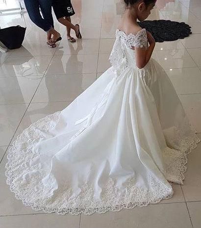 Pretty A Line Tiered Satin With Short Bubble Sleeves Flower Girl Dress C6029