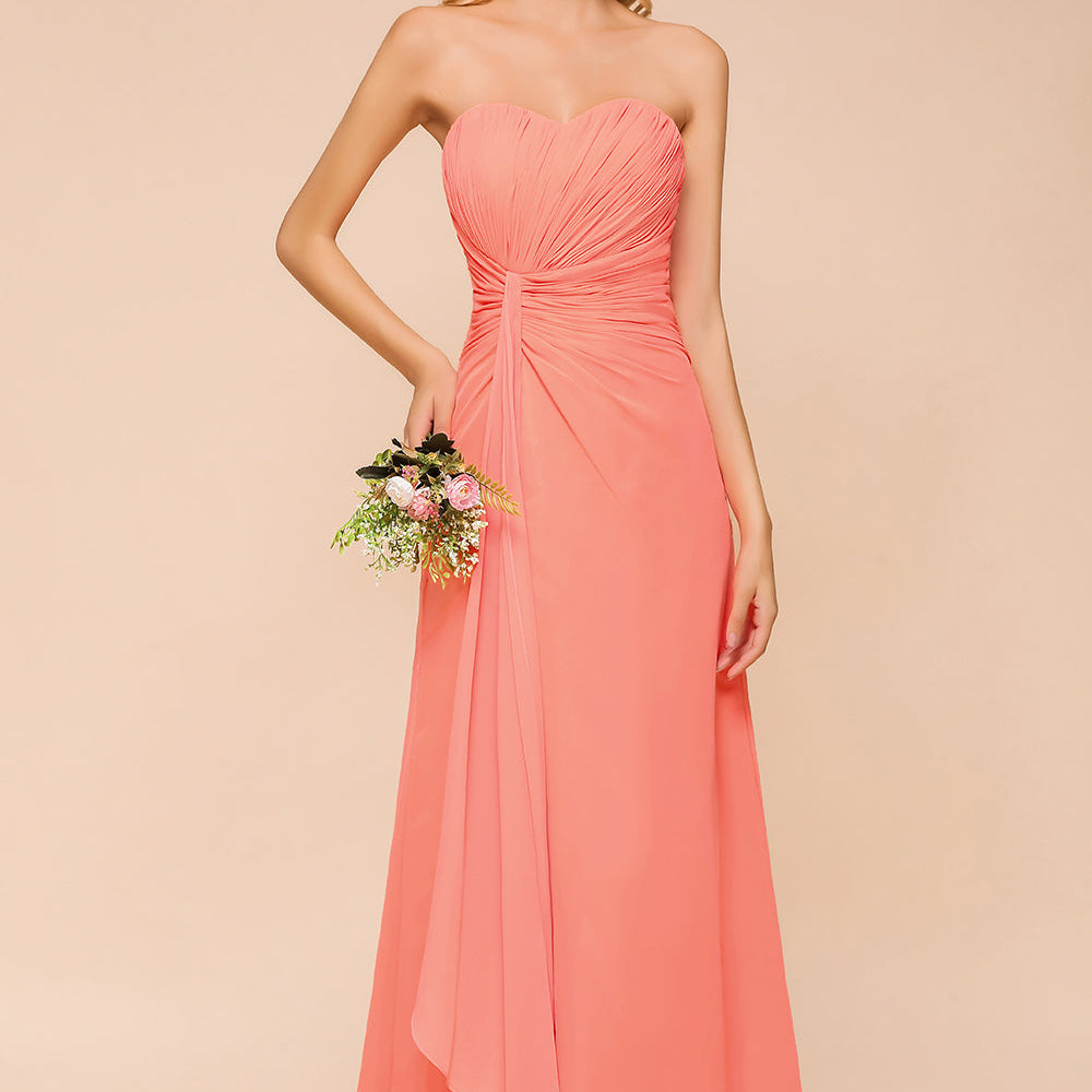 Beautiful Long A-line Strapless Backless Chiffon Bridesmaid Dress With Ruched Beautiful Long A-line Strapless Backless Chiffon Bridesmaid Dress With Ruched