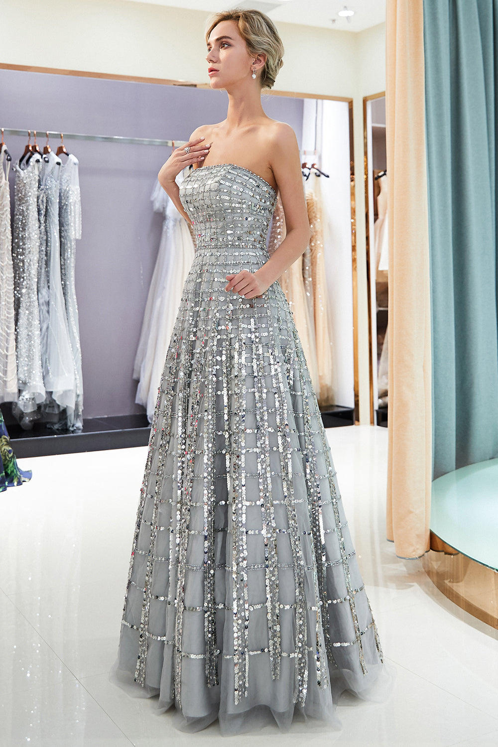 Beautiful Long A-line Strapless Glitter Evening Dresses-BIZTUNNEL