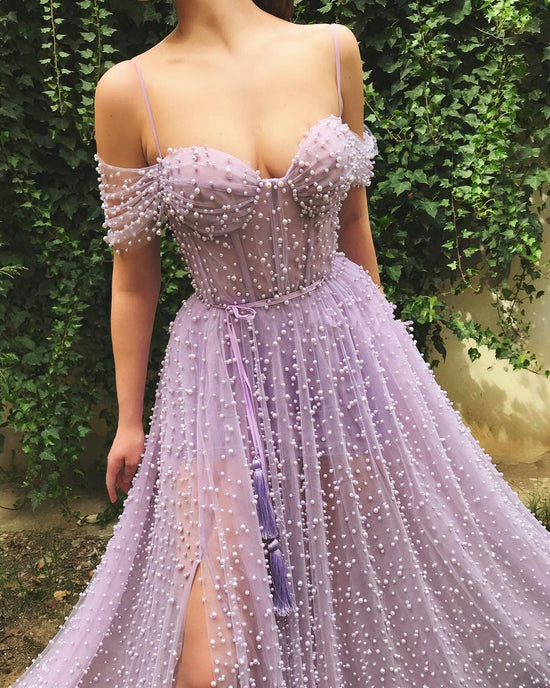 Beautiful Long A-line Sweetheart Off the Shoulder Tulle Prom Dress with Slit-BIZTUNNEL
