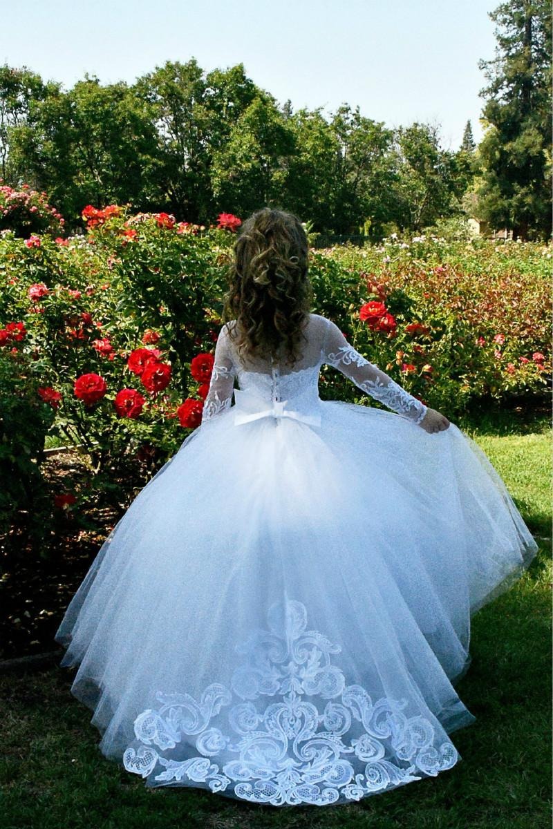 Beautiful Long A-line Tulle Lace Beaded Flower Girl Dresses With Sleeves-BIZTUNNEL