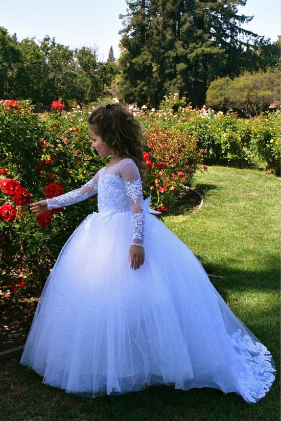 Charger l&amp;#39;image dans la galerie, Beautiful Long A-line Tulle Lace Beaded Flower Girl Dresses With Sleeves-BIZTUNNEL
