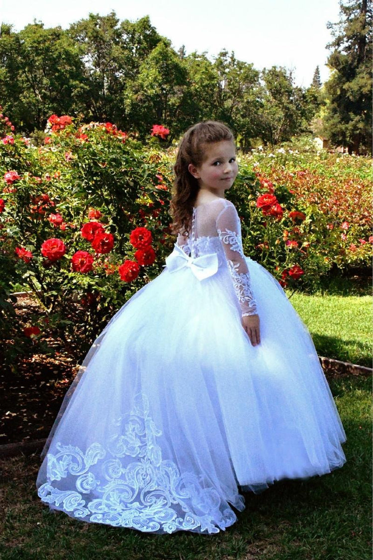 Jewel Long Sleeves A-line Flower Girl Dresses with Tulle Lace Appliques