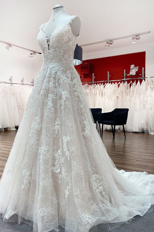 Beautiful Long A-line Tulle Lace V Neck Open Back Wedding Dresses-BIZTUNNEL