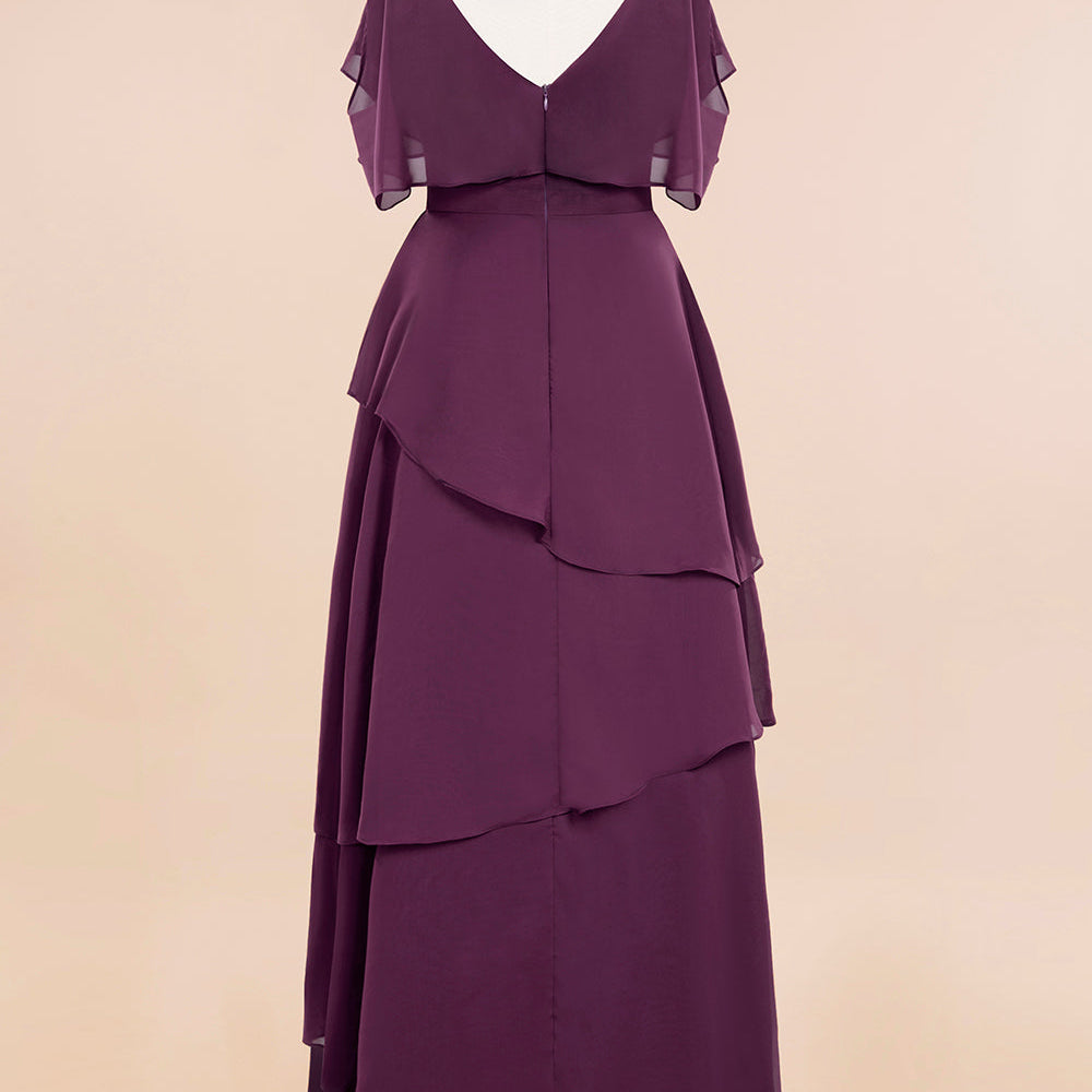 
                  
                    Beautiful Long A-line V-neck Cascading Ruffles Bridesmaid Dress with Sleeves-BIZTUNNEL
                  
                