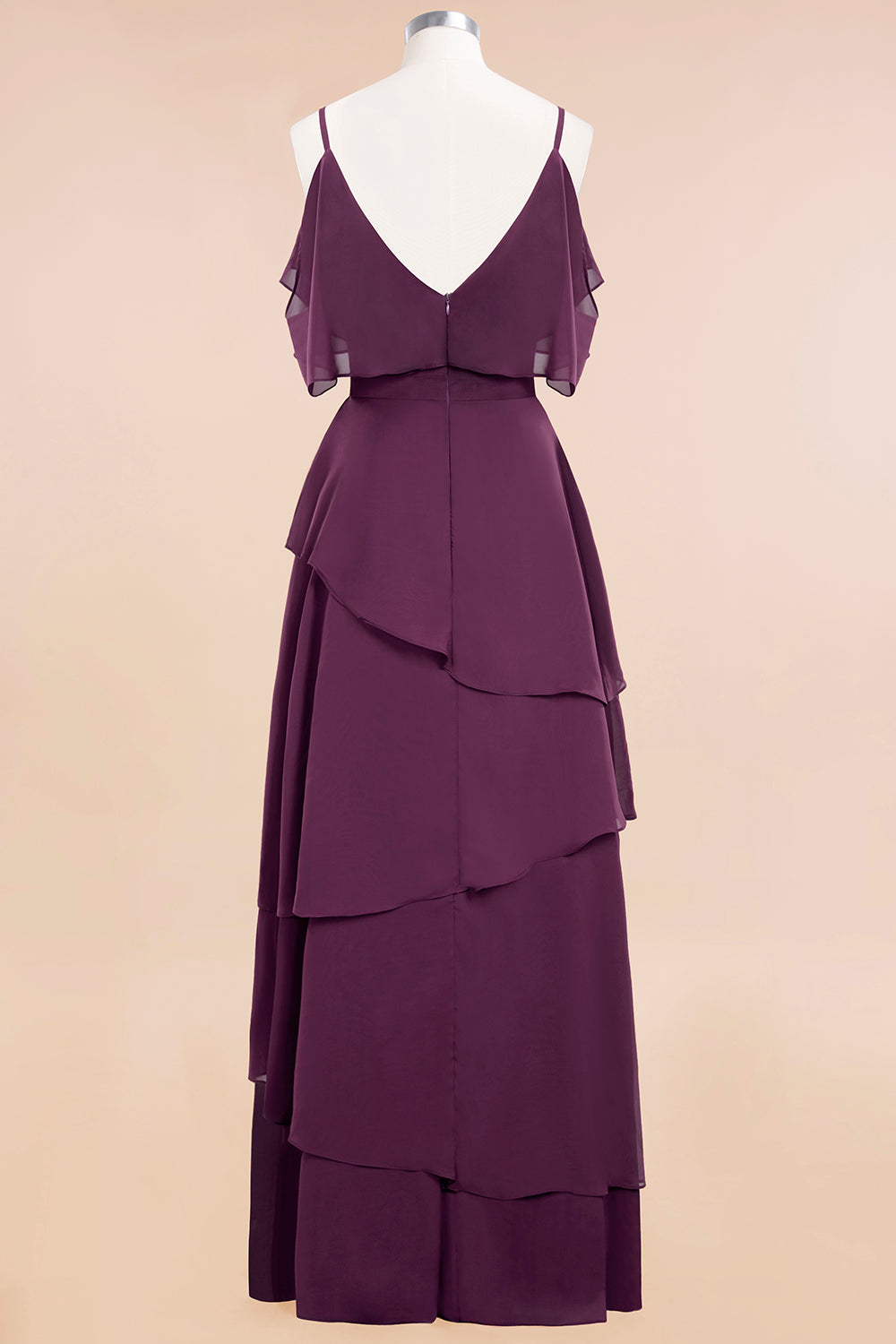 Beautiful Long A-line V-neck Cascading Ruffles Bridesmaid Dress with Sleeves-BIZTUNNEL