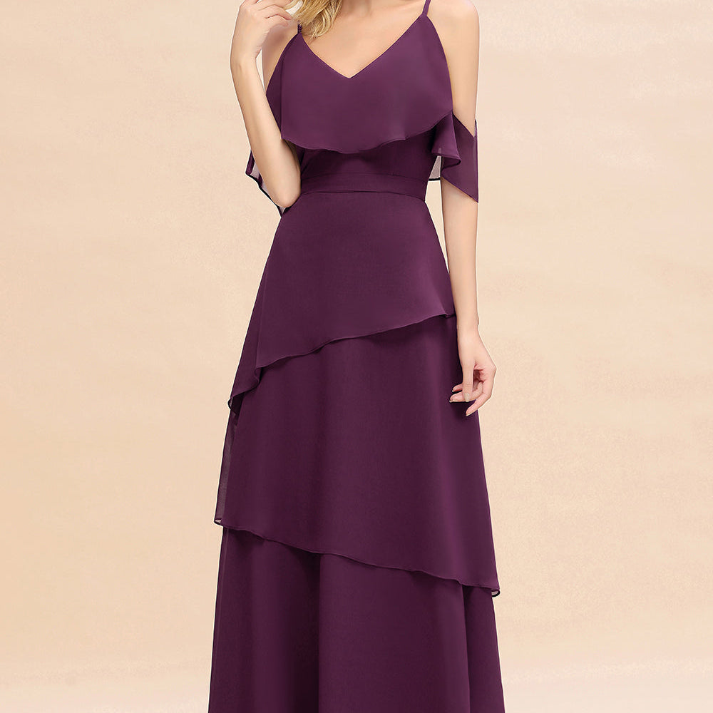 
                  
                    Beautiful Long A-line V-neck Cascading Ruffles Bridesmaid Dress with Sleeves-BIZTUNNEL
                  
                
