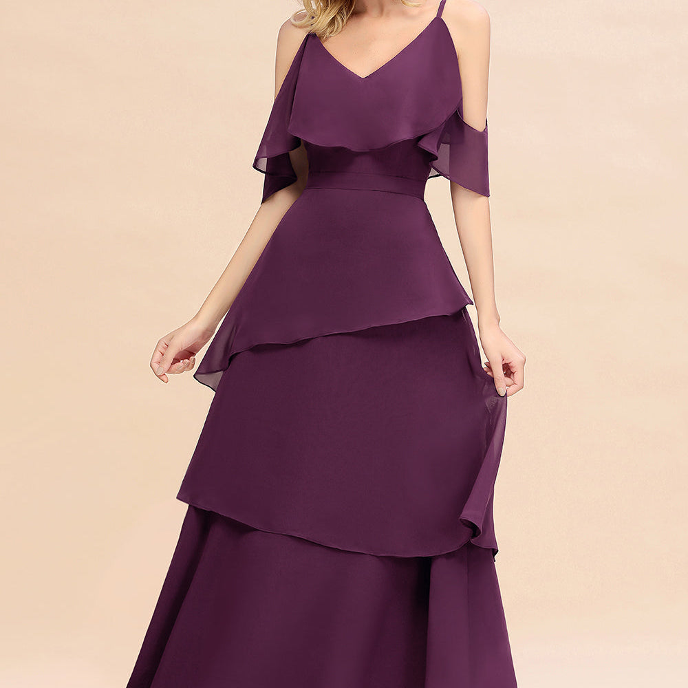 
                  
                    Beautiful Long A-line V-neck Cascading Ruffles Bridesmaid Dress with Sleeves-BIZTUNNEL
                  
                