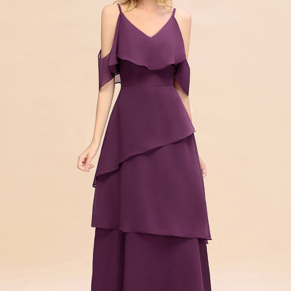 
                  
                    Beautiful Long A-line V-neck Cascading Ruffles Bridesmaid Dress with Sleeves-BIZTUNNEL
                  
                