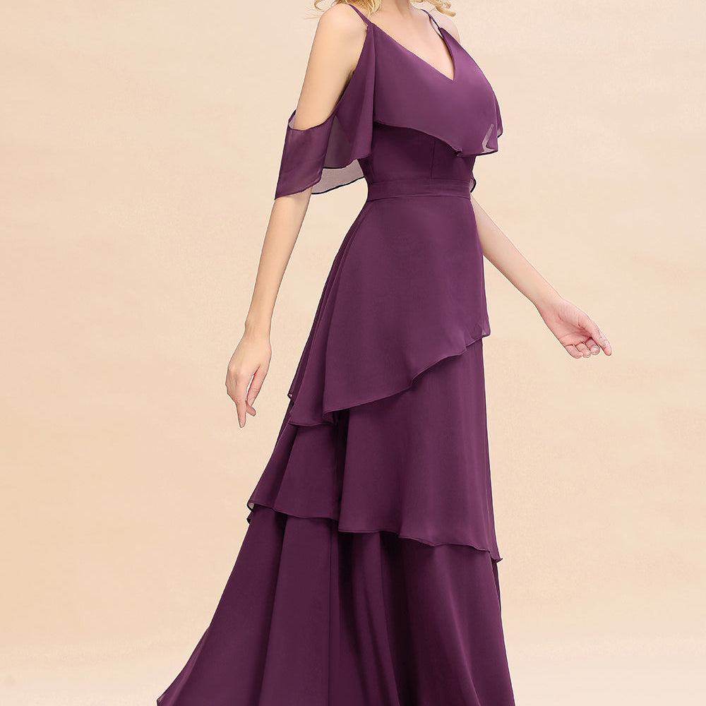 
                  
                    Beautiful Long A-line V-neck Cascading Ruffles Bridesmaid Dress with Sleeves-BIZTUNNEL
                  
                