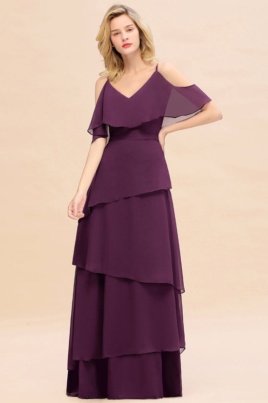 Beautiful Long A-line V-neck Cascading Ruffles Bridesmaid Dress with Sleeves-BIZTUNNEL