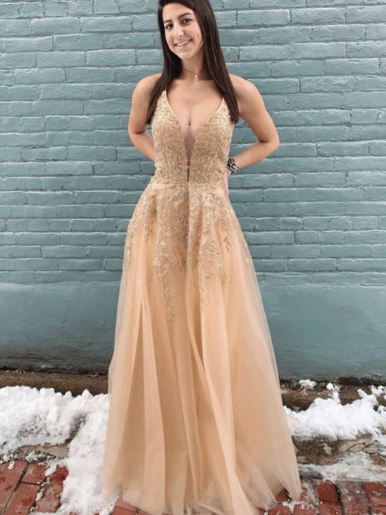 Beautiful Long A-line V-neck Tulle Backless Formal Prom Dresses-BIZTUNNEL