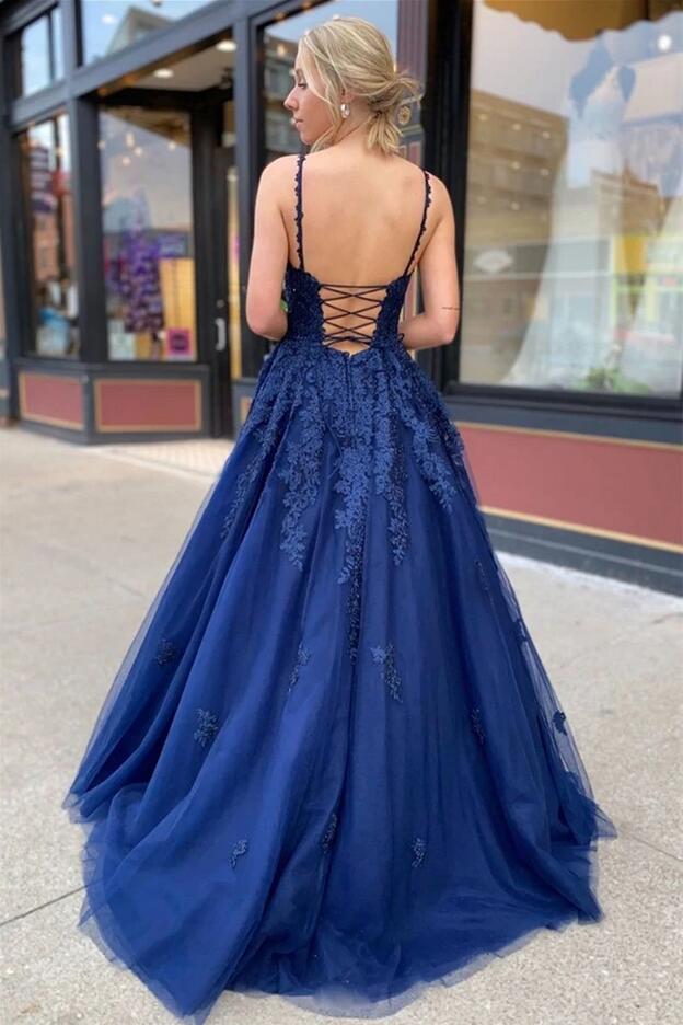 Beautiful Long A-line V-neck Tulle Backless Prom Dress with Appliques Lace-BIZTUNNEL