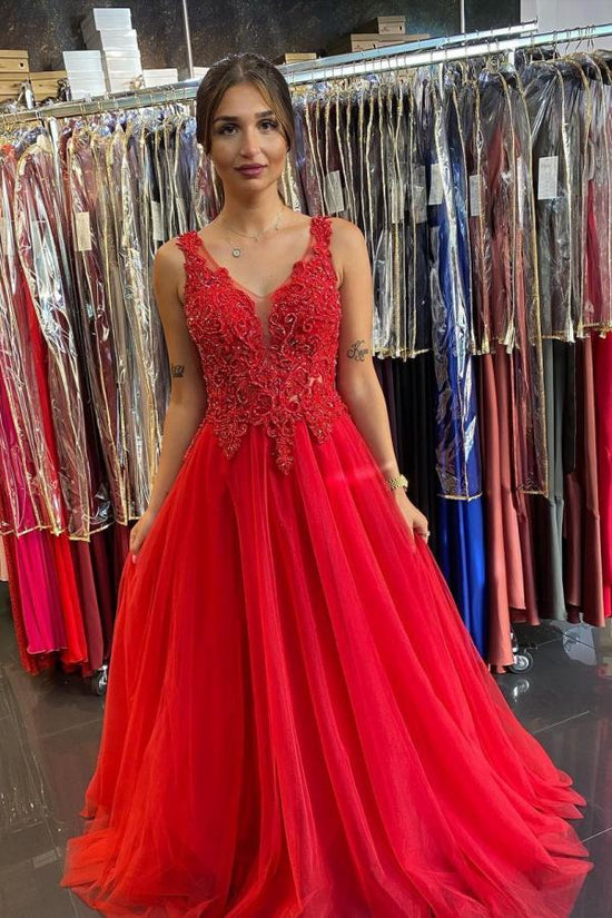 Beautiful Long A-line V-neck Tulle Open Back Prom Dress with Appliques Lace-BIZTUNNEL