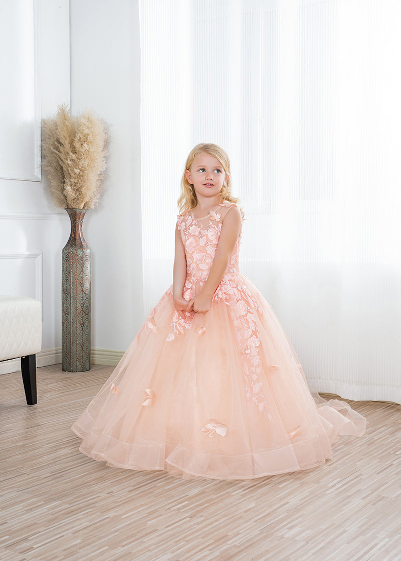 Lace Applique Sleeveless Tulle Flower Girl Ball Gown Taupe