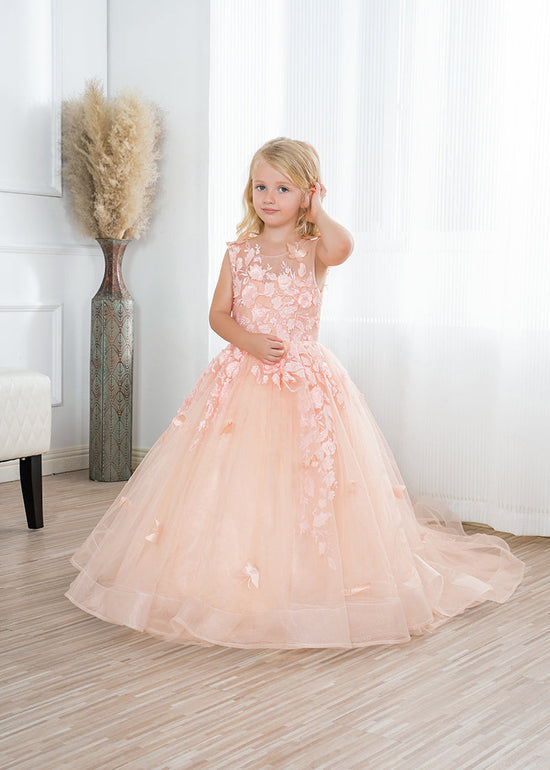 Beautiful Long Ball Gown Tulle Appliques Lace Flower girl dress-BIZTUNNEL