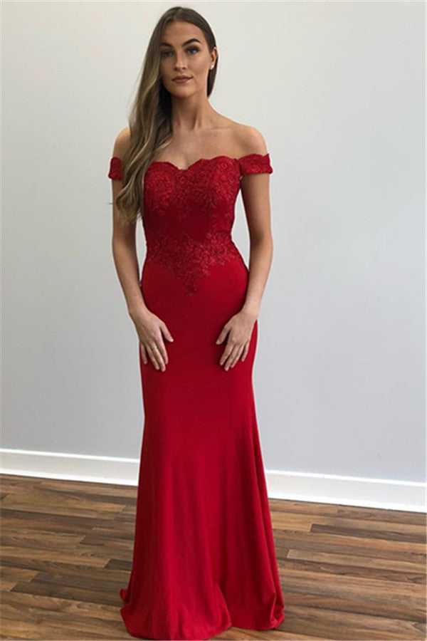 Beautiful Long Mermaid Off-the-shoulder Appliques Lace Prom Dress-BIZTUNNEL