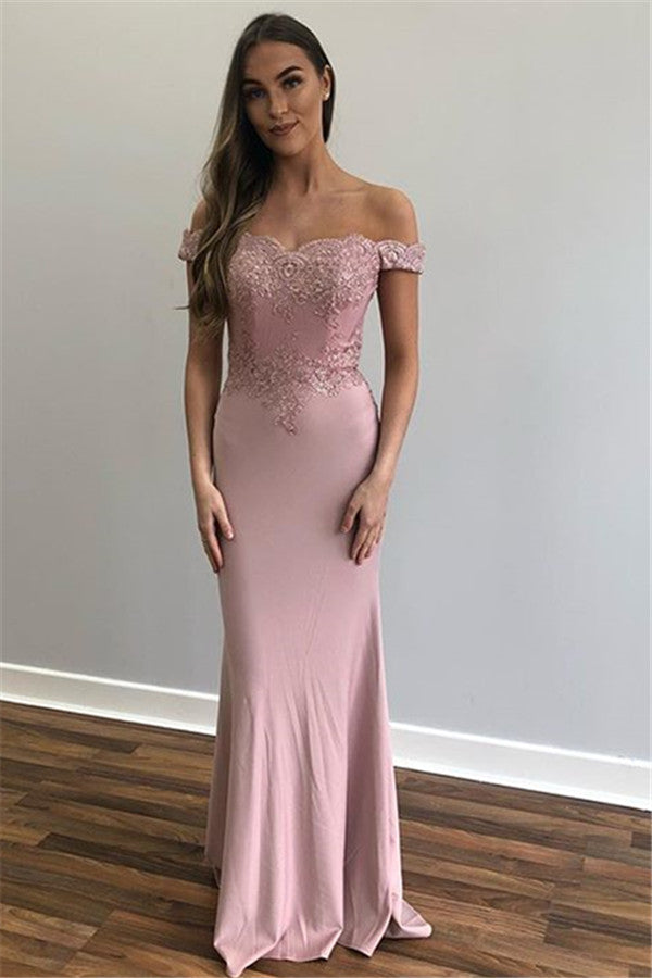 Beautiful Long Mermaid Off-the-shoulder Appliques Lace Prom Dress-BIZTUNNEL