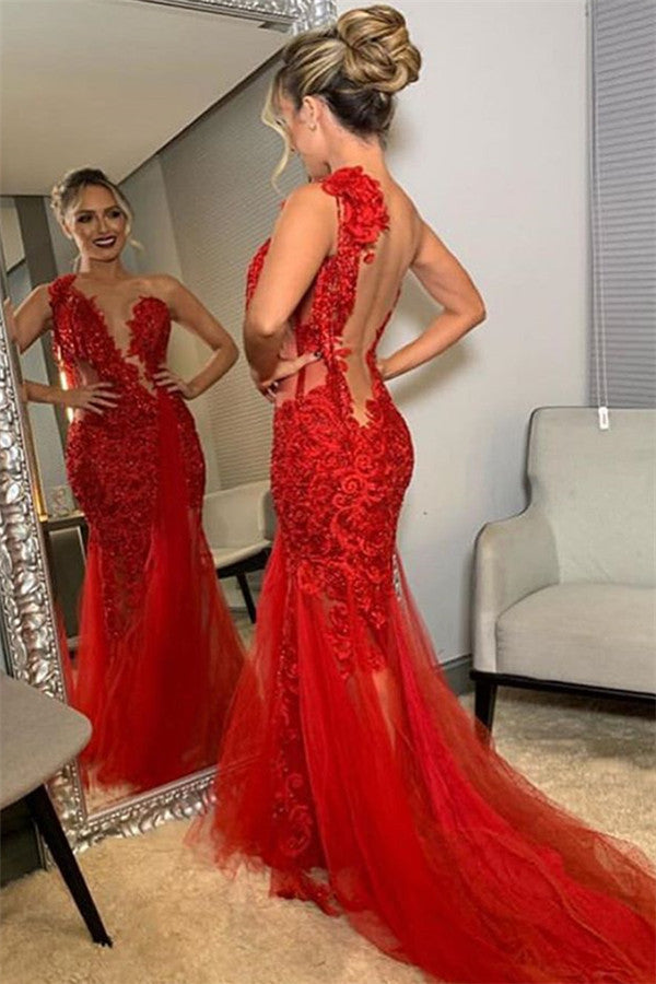 
                  
                    Beautiful Long Mermaid One Shoulder Lace Red Backless Prom Dress-BIZTUNNEL
                  
                