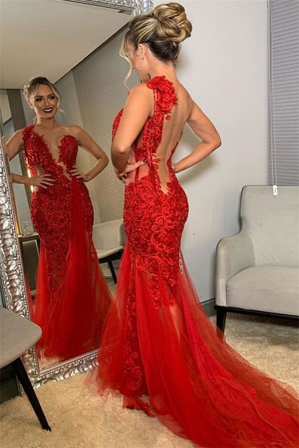 Beautiful Long Mermaid One Shoulder Lace Red Backless Prom Dress-BIZTUNNEL