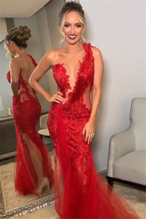 Beautiful Long Mermaid One Shoulder Lace Red Backless Prom Dress-BIZTUNNEL