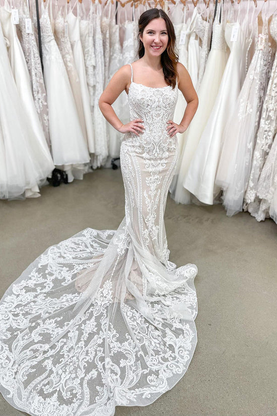 Carregar imagem no visualizador da galeria, Beautiful Long Mermaid Spaghetti Straps Backless Appliques Lace Wedding Dress-BIZTUNNEL
