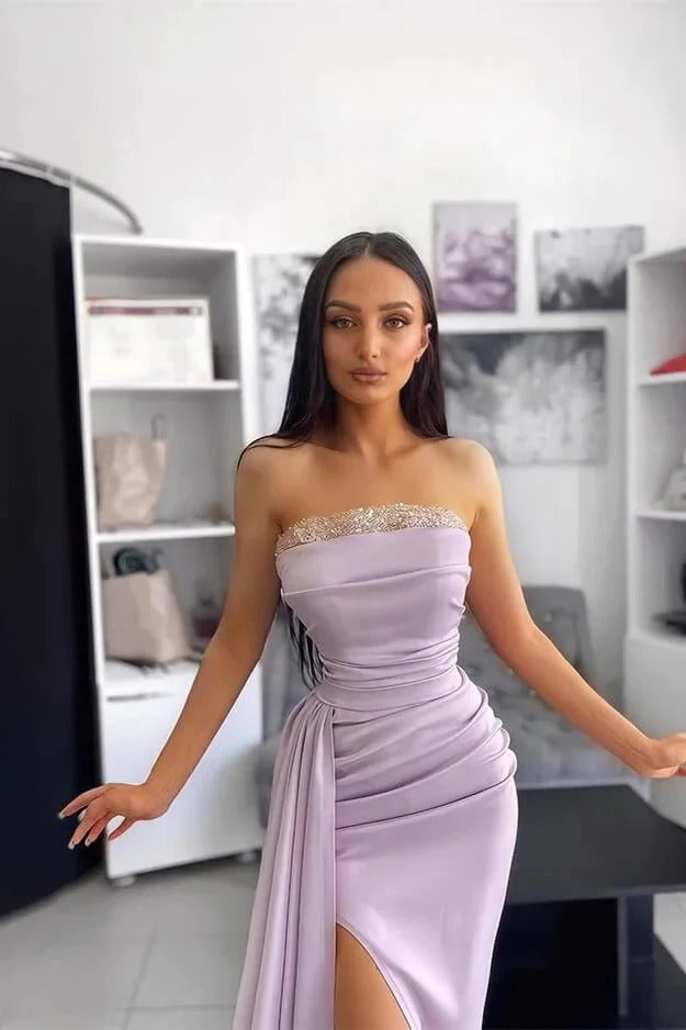 Nyah | Strapless Pleated Satin Sleeveless Formal Prom Dress With Slit