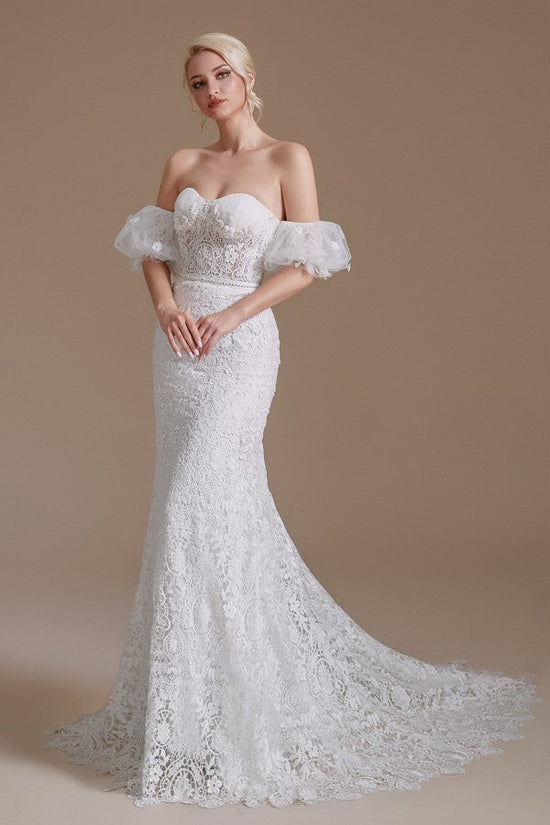 Beautiful Long Mermaid Sweetheart Lace Wedding Dresses with Detachable Sleeves-BIZTUNNEL