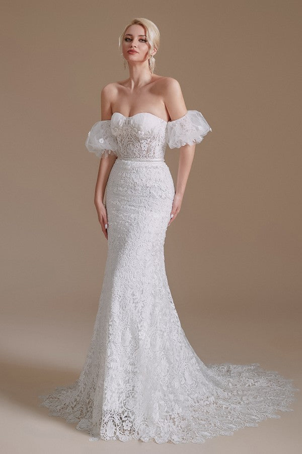 T242065_Stevie-Sophisticated Rustic Embroidered Lace on Tulle Mermaid Gown  with Plunging V-Neckline and Detachable Gauntlet Sleeves
