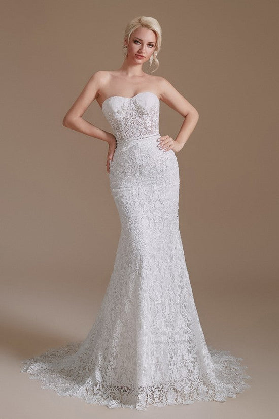 Load image into Gallery viewer, Beautiful Long Mermaid Sweetheart Lace Wedding Dresses with Detachable Sleeves-BIZTUNNEL
