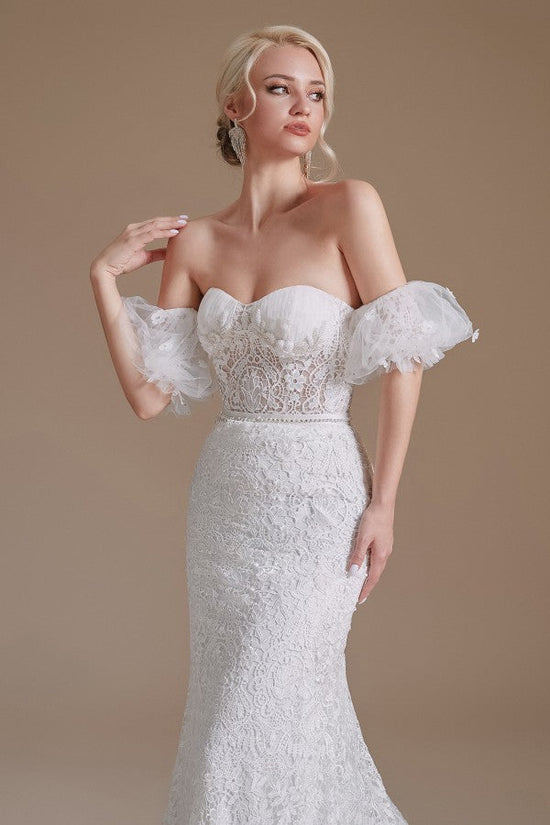 Carregar imagem no visualizador da galeria, Beautiful Long Mermaid Sweetheart Lace Wedding Dresses with Detachable Sleeves-BIZTUNNEL
