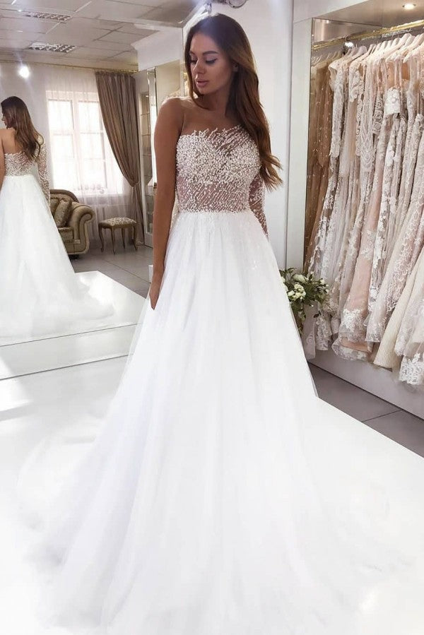 Beautiful Long Sleeve A-Line Bateau Pearl Lace Wedding Dress-BIZTUNNEL