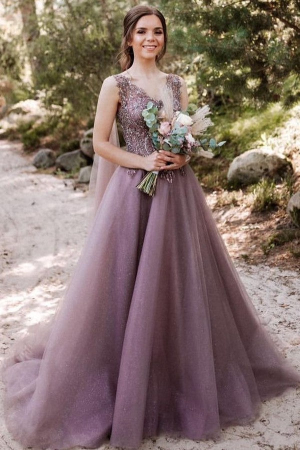 Beautiful Long V-neck Tulle A-line Prom Dress-BIZTUNNEL