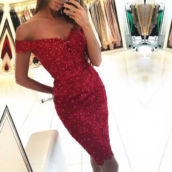 Beautiful Mermaid Off the Shoulder Lace Short Prom Dresses-BIZTUNNEL