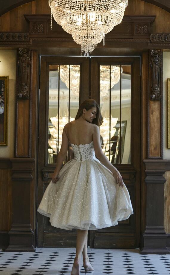 Beautiful Short A-line Glitter Off-the-Shoulder Lace Appliques Wedding Dress-BIZTUNNEL