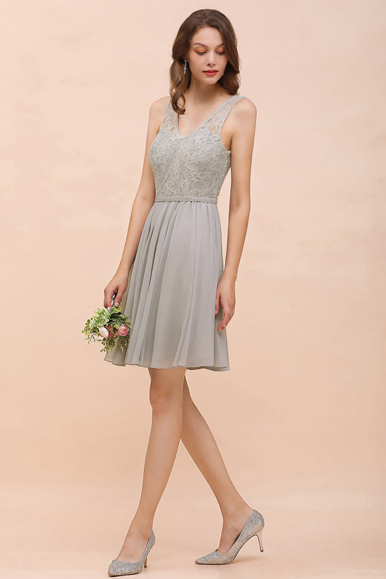 Beautiful Short A-line V-neck Wide Straps Appliques Lace Chiffon Bridesmaid Dress-BIZTUNNEL