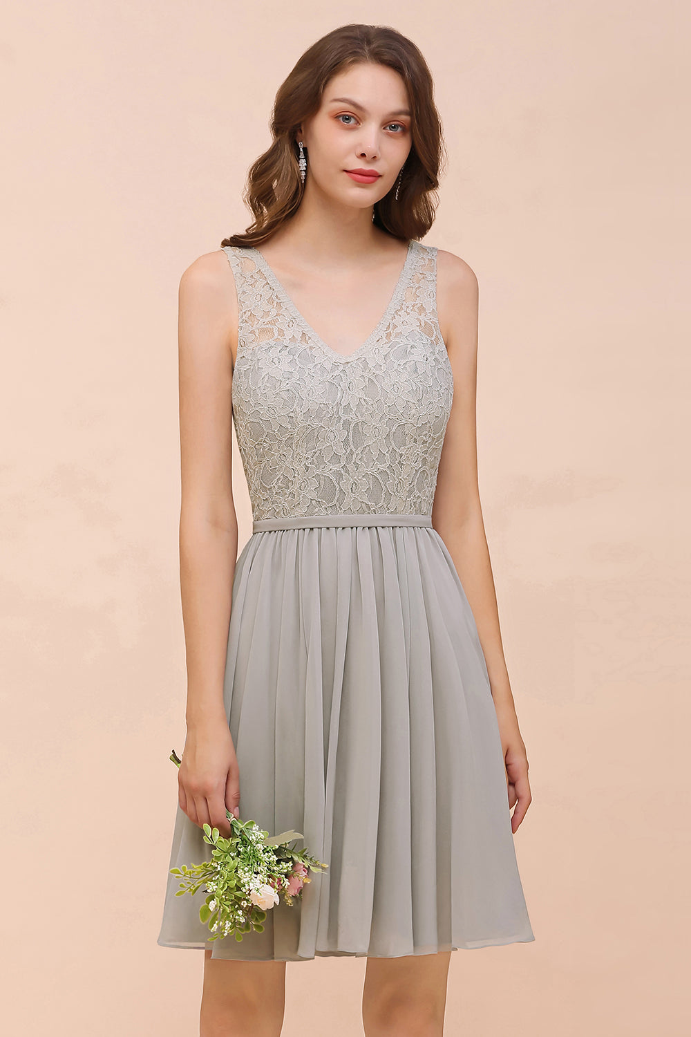 Beautiful Short A-line V-neck Wide Straps Appliques Lace Chiffon Bridesmaid Dress-BIZTUNNEL