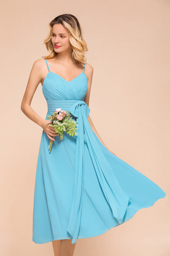 Beautiful Sky Blue Short A-line Spaghetti Straps Chiffon Bridesmaid Dress-BIZTUNNEL