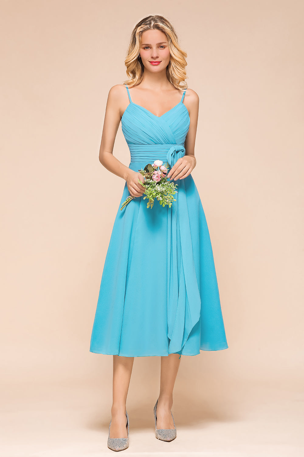 Beautiful Sky Blue Short A-line Spaghetti Straps Chiffon Bridesmaid Dress-BIZTUNNEL