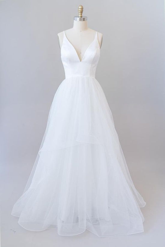 Beautiful White Long A-line V-neck Tulle Backless Wedding Dress-BIZTUNNEL