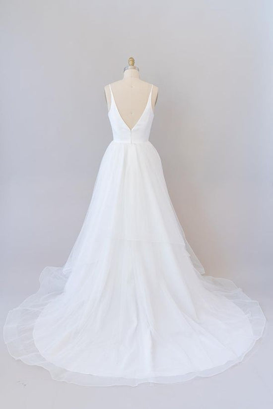 Charger l&amp;#39;image dans la galerie, Beautiful White Long A-line V-neck Tulle Backless Wedding Dress-BIZTUNNEL
