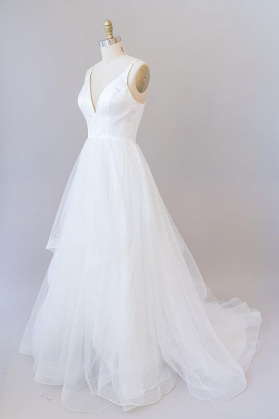 Beautiful White Long A-line V-neck Tulle Backless Wedding Dress-BIZTUNNEL