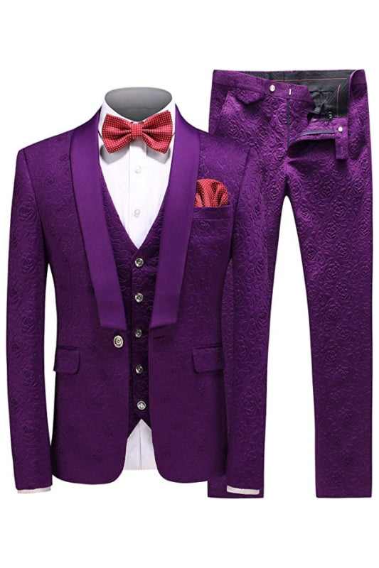 Beck Modern Purple Shawl Lapel Three Pieces Jacquard Men Suits For Wedding