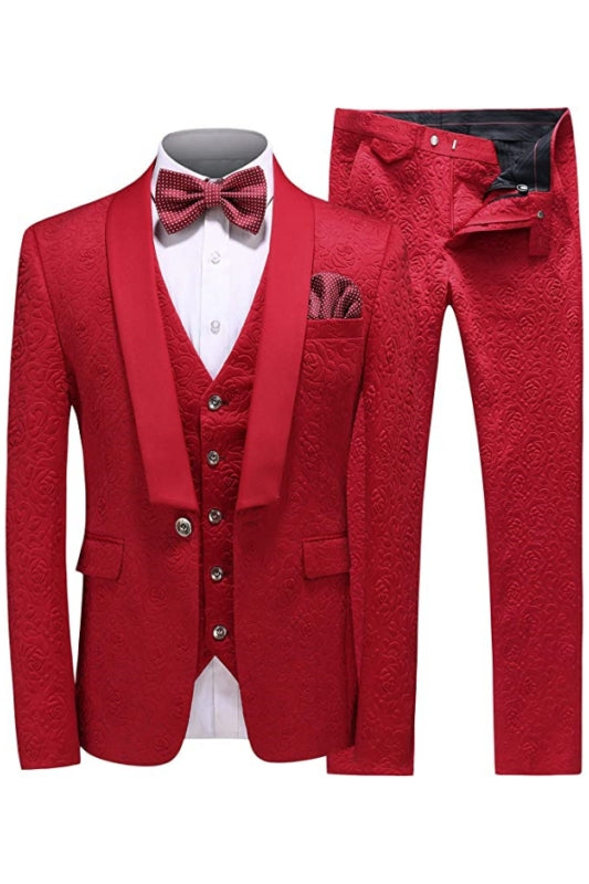 Ben Chic Red Shawl Lapel Three Pieces Jacquard Men Suits For Wedding