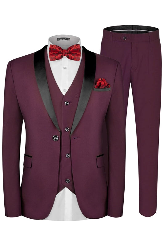 Benedict Modern Burgundy Shawl Lapel Three Pieces Wedding Suits