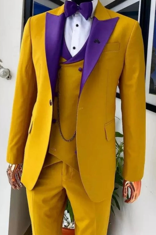 Berger Special Gold Three Pieces Prom Suits With Purple Lapel