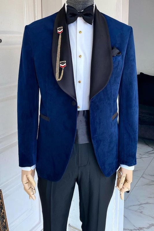 Bertram New Arrival Navy Blue Wedding Suits With Black Shawl Lapel