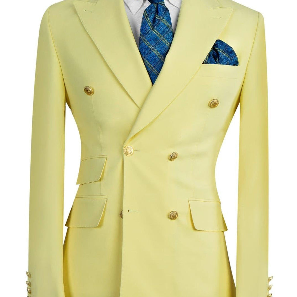 Bertran Yellow Fashion Double Breasted Peaked Lapel Men Suits