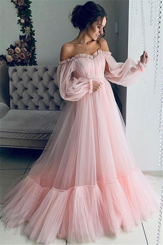 Best Long A-line Off-the-shoulder Tulle Prom Dress with Sleeves-BIZTUNNEL